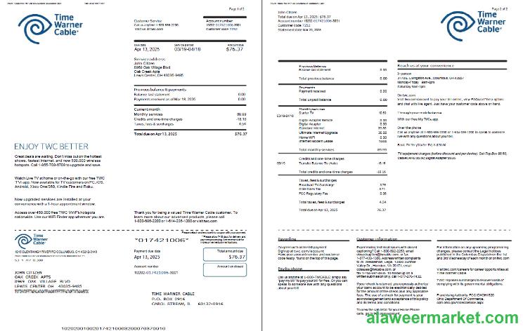 USA Time Warner Cable utility bill template in Word and PDF formats, 2 pages